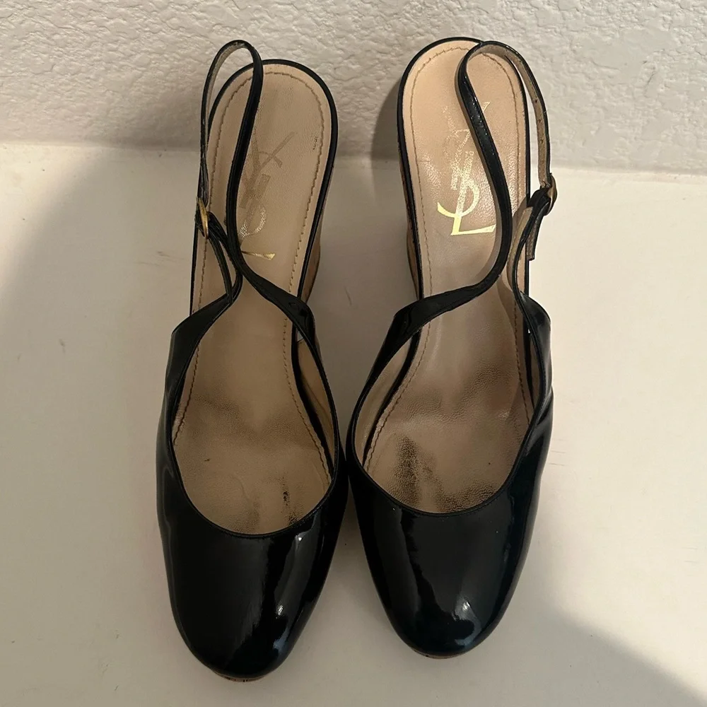 Yves Saint Laurent YSL Black Patent Leather Slingback Cork Wedge Platform EU 40